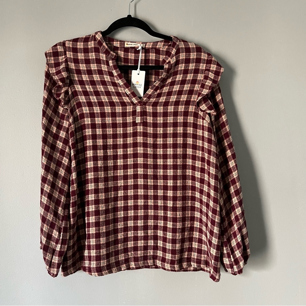 Marine layer Jamie ruffle sleeve top in pink plaid multiple sizes small, large